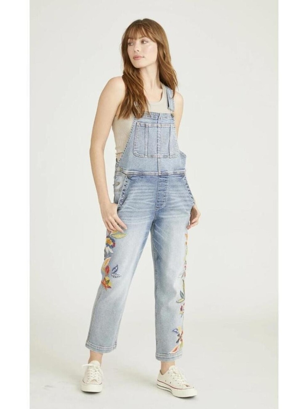 Driftwood Brady Boyfriend Feathery Leaf Embroiderd Overalls - Medium